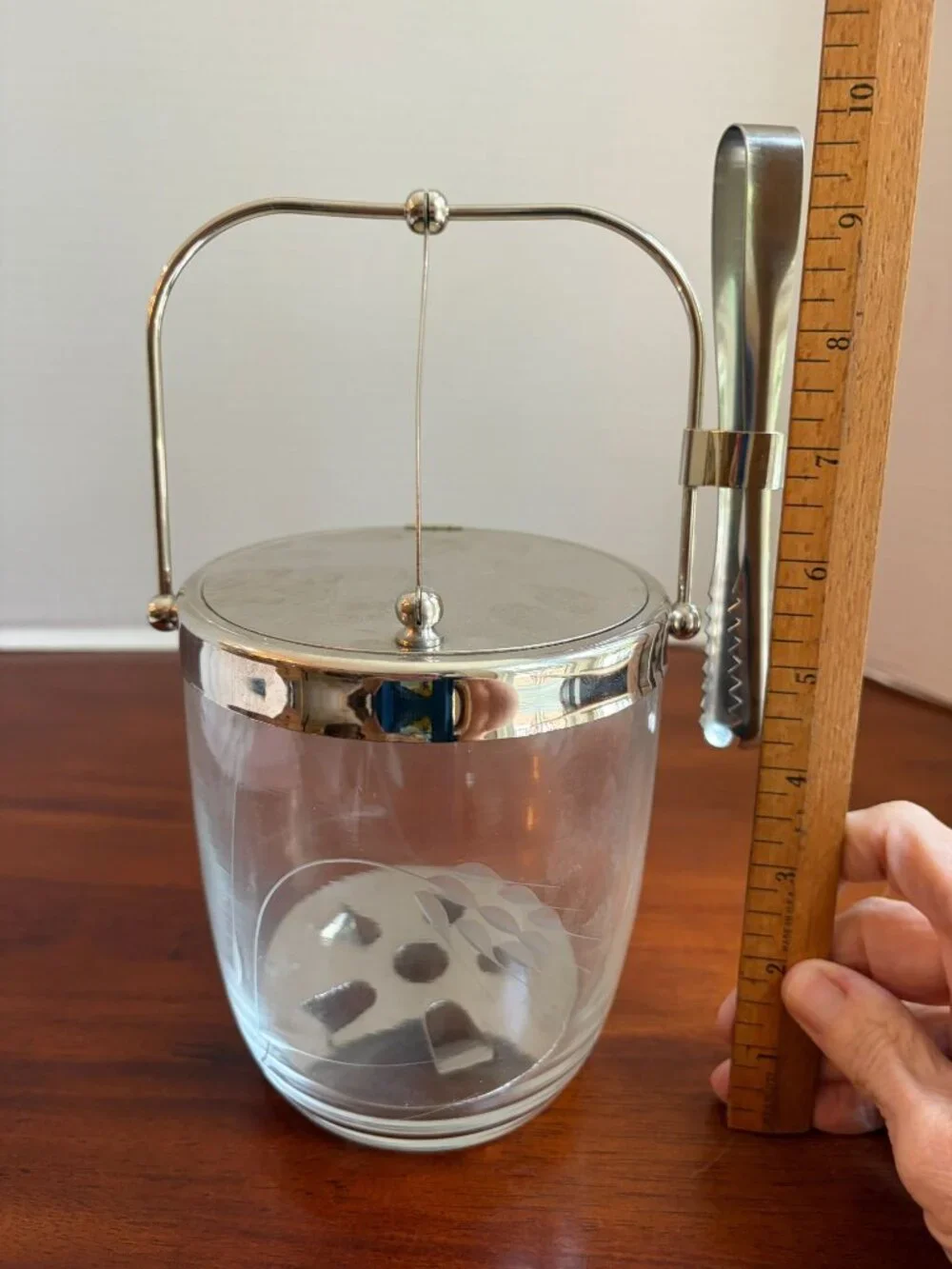 Vintage Sasaki Etched Glass Ice Bucket Small Metal Handle and Tongs